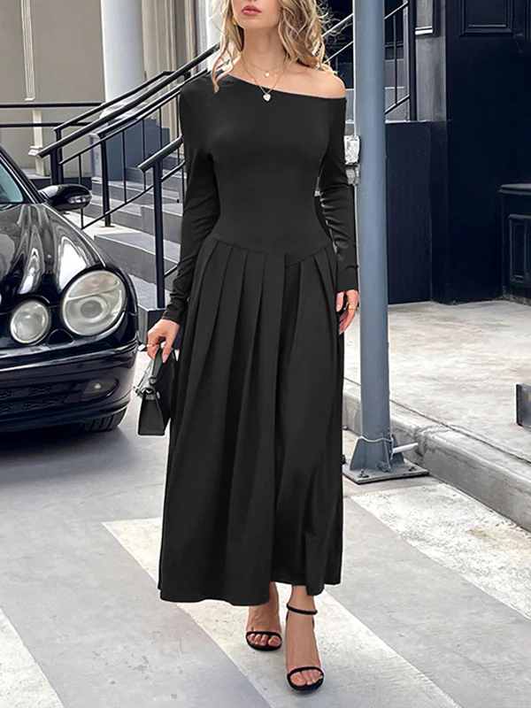 High Waisted Long Sleeves Pleated Solid Color Split-Front One-Shoulder Maxi Dresses - Image 10