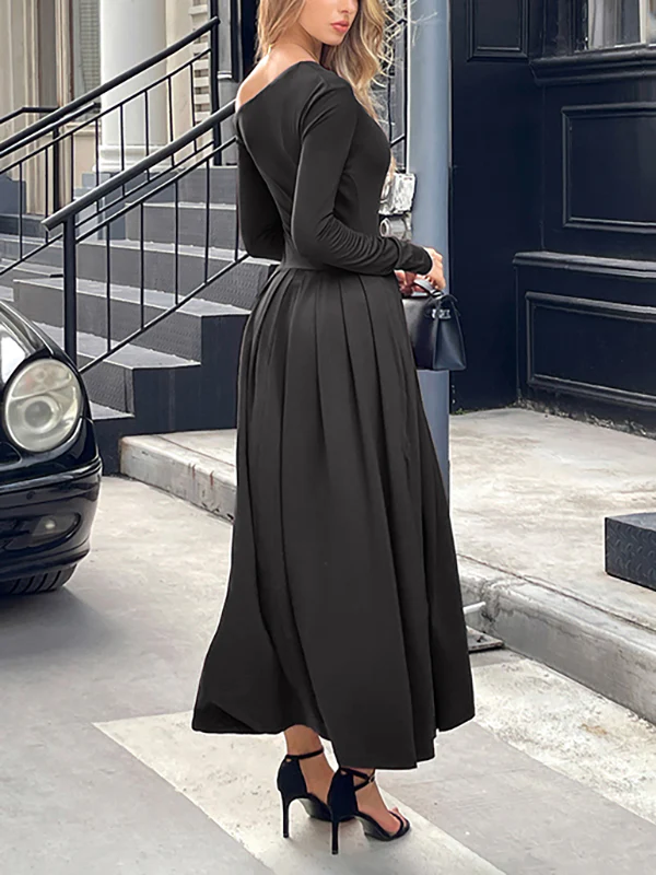 High Waisted Long Sleeves Pleated Solid Color Split-Front One-Shoulder Maxi Dresses - Image 11