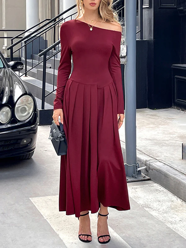 High Waisted Long Sleeves Pleated Solid Color Split-Front One-Shoulder Maxi Dresses - Image 12