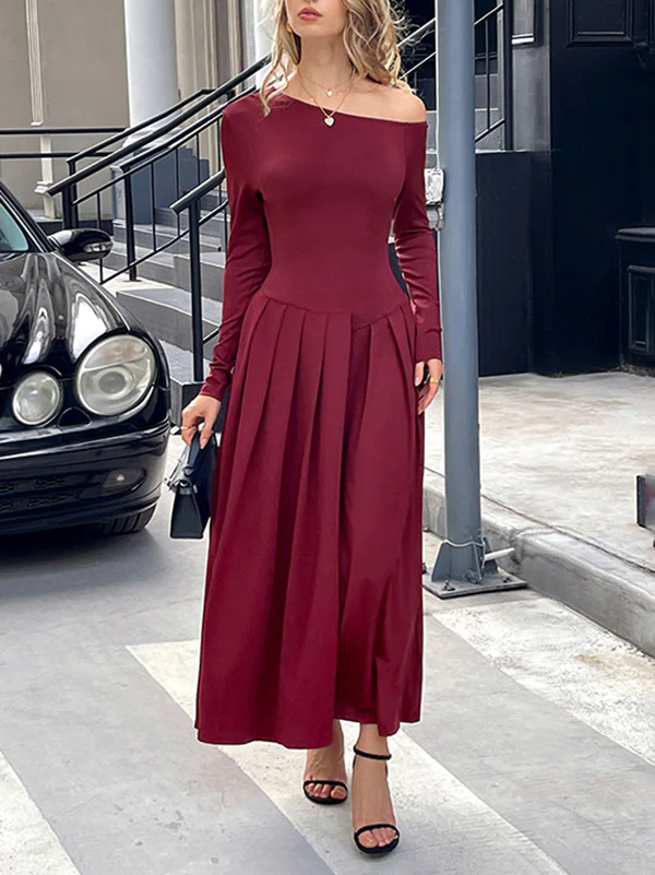 High Waisted Long Sleeves Pleated Solid Color Split-Front One-Shoulder Maxi Dresses - Image 13