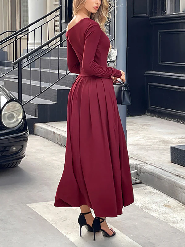 High Waisted Long Sleeves Pleated Solid Color Split-Front One-Shoulder Maxi Dresses - Image 14