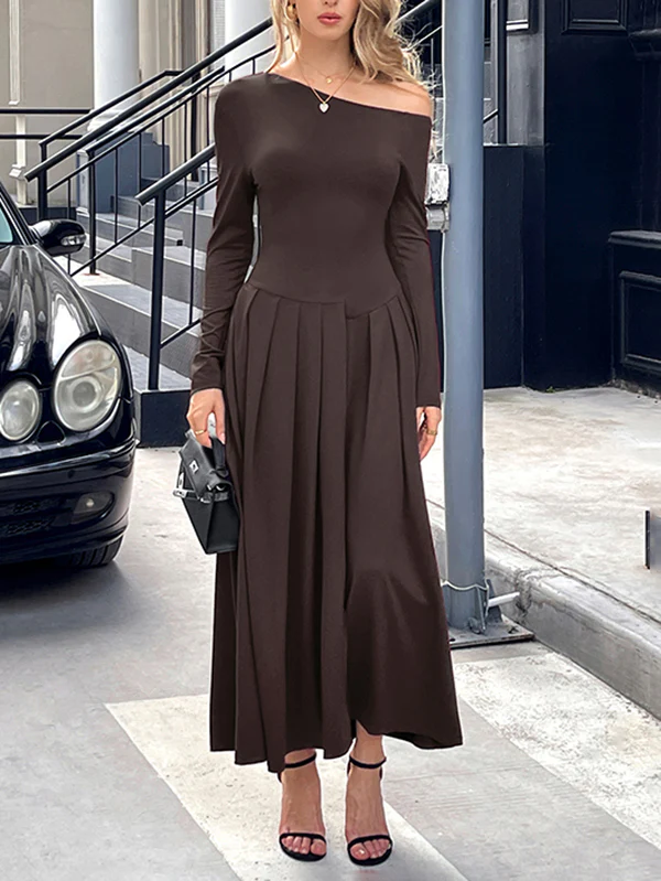 High Waisted Long Sleeves Pleated Solid Color Split-Front One-Shoulder Maxi Dresses - Image 2