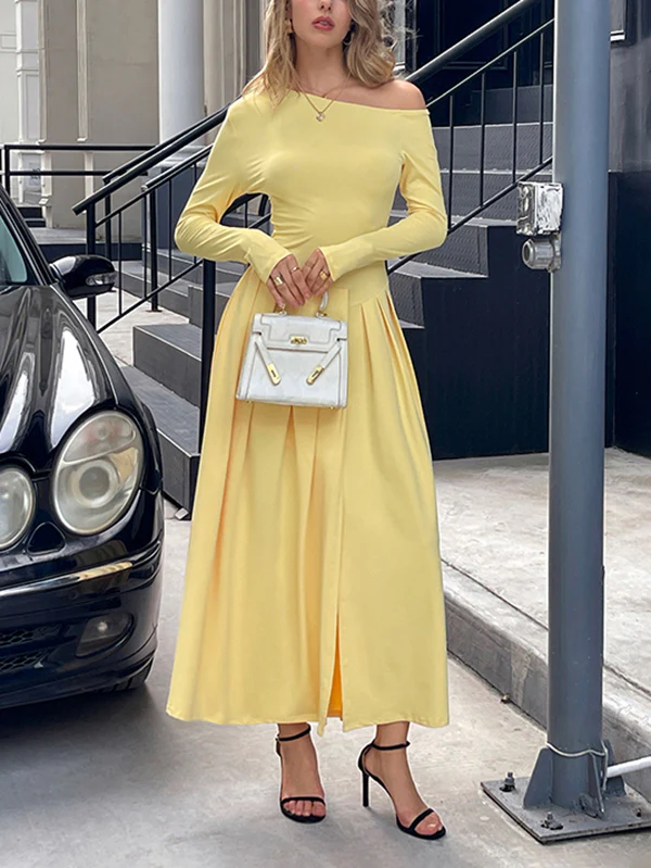 High Waisted Long Sleeves Pleated Solid Color Split-Front One-Shoulder Maxi Dresses - Image 5