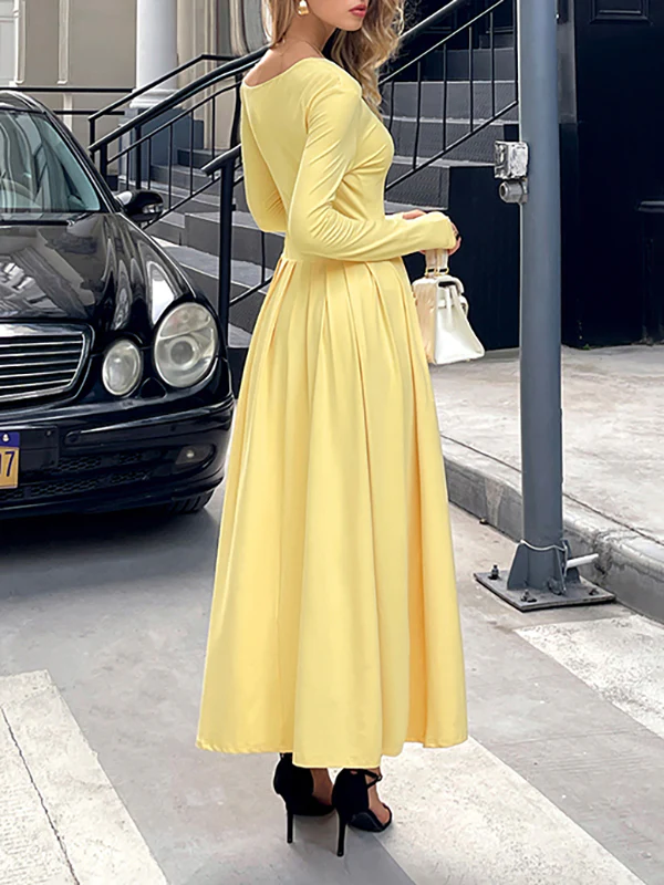 High Waisted Long Sleeves Pleated Solid Color Split-Front One-Shoulder Maxi Dresses - Image 6