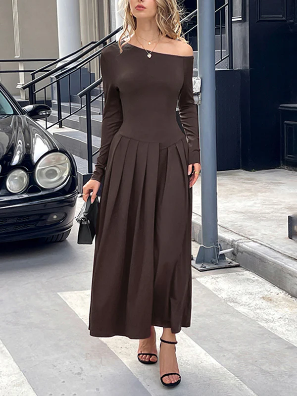 High Waisted Long Sleeves Pleated Solid Color Split-Front One-Shoulder Maxi Dresses - Image 7