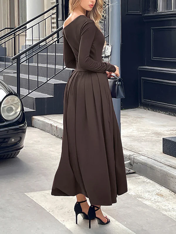 High Waisted Long Sleeves Pleated Solid Color Split-Front One-Shoulder Maxi Dresses - Image 8