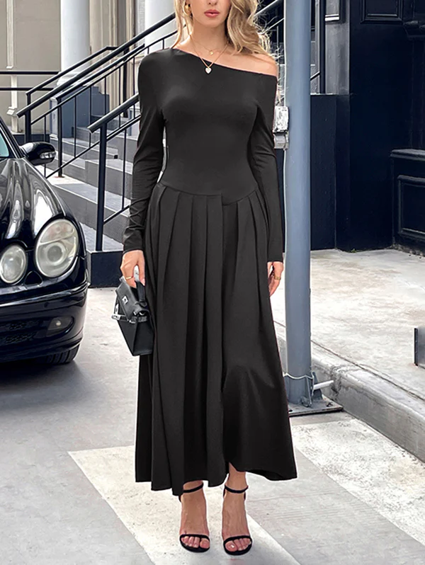 High Waisted Long Sleeves Pleated Solid Color Split-Front One-Shoulder Maxi Dresses - Image 9