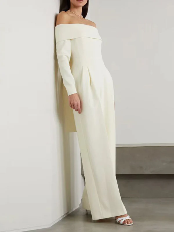High Waisted Long Sleeves Pleated Solid Color Split-Joint Tied Off-The-Shoulder Jumpsuits - Image 2