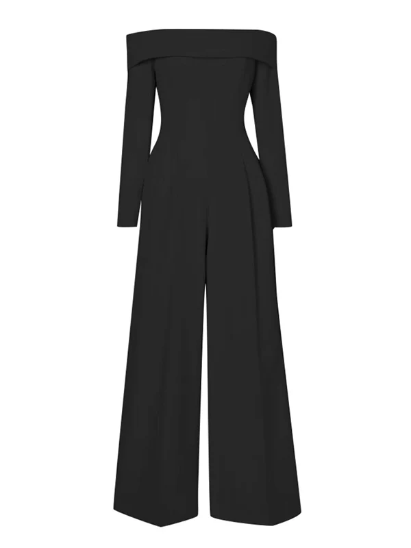 High Waisted Long Sleeves Pleated Solid Color Split-Joint Tied Off-The-Shoulder Jumpsuits - Image 3