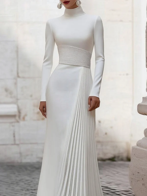 High Waisted Long Sleeves Pleated Solid Color Split-Joint Zipper Mock Neck Maxi Dresses - Image 2