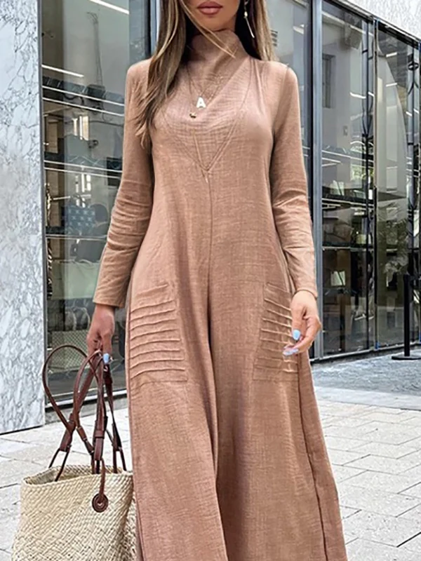 High Waisted Long Sleeves Pockets Solid Color High Neck Jumpsuits - Image 2