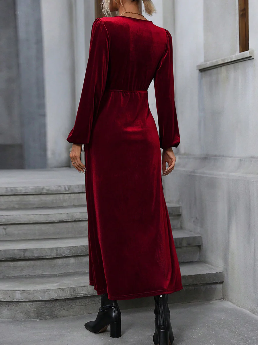 High Waisted Long Sleeves Solid Color Split-Side Tied Waist Velvet Deep V-Neck Maxi Dresses - Image 10