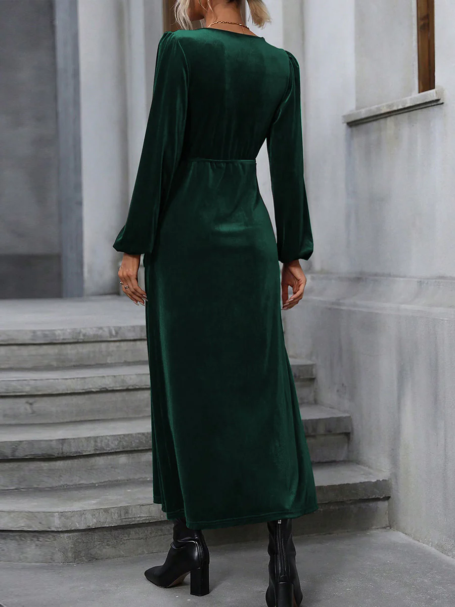 High Waisted Long Sleeves Solid Color Split-Side Tied Waist Velvet Deep V-Neck Maxi Dresses - Image 6