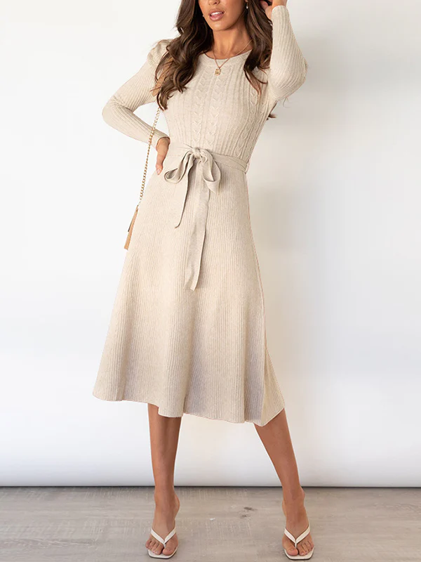 High Waisted Long Sleeves Solid Color Tied Waist Round-Neck Midi Dresses Sweater Dresses - Image 10