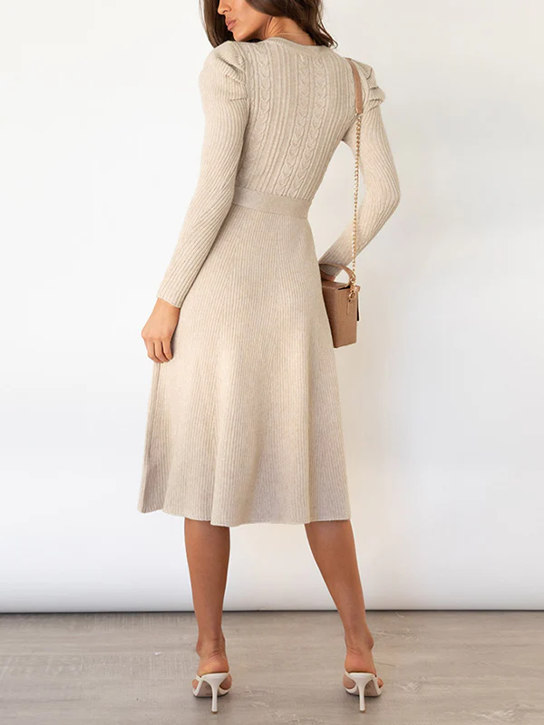 High Waisted Long Sleeves Solid Color Tied Waist Round-Neck Midi Dresses Sweater Dresses - Image 11