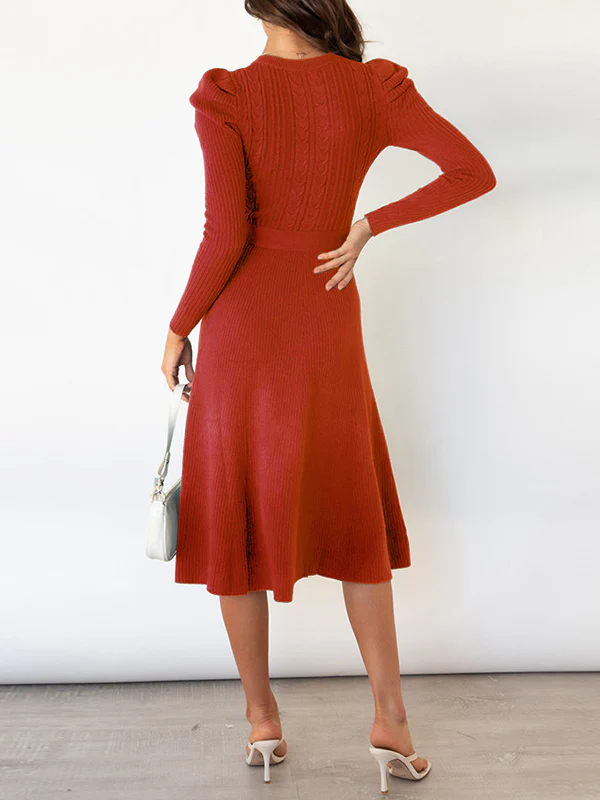 High Waisted Long Sleeves Solid Color Tied Waist Round-Neck Midi Dresses Sweater Dresses - Image 13