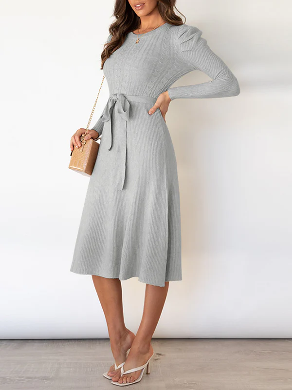 High Waisted Long Sleeves Solid Color Tied Waist Round-Neck Midi Dresses Sweater Dresses - Image 14
