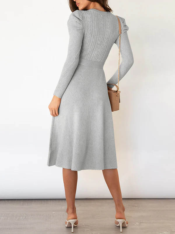 High Waisted Long Sleeves Solid Color Tied Waist Round-Neck Midi Dresses Sweater Dresses - Image 15