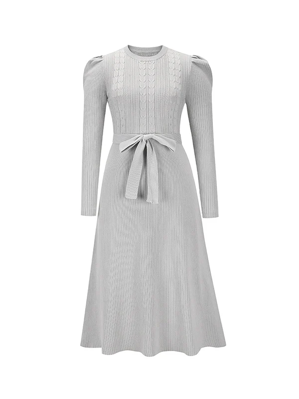 High Waisted Long Sleeves Solid Color Tied Waist Round-Neck Midi Dresses Sweater Dresses - Image 16