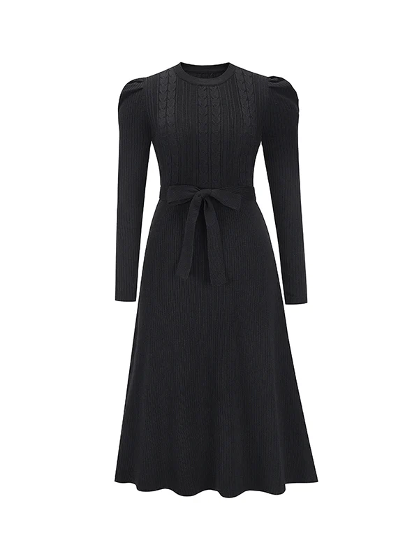 High Waisted Long Sleeves Solid Color Tied Waist Round-Neck Midi Dresses Sweater Dresses - Image 17