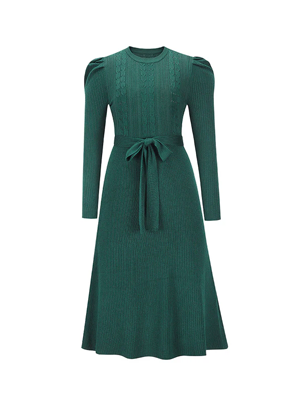High Waisted Long Sleeves Solid Color Tied Waist Round-Neck Midi Dresses Sweater Dresses - Image 18