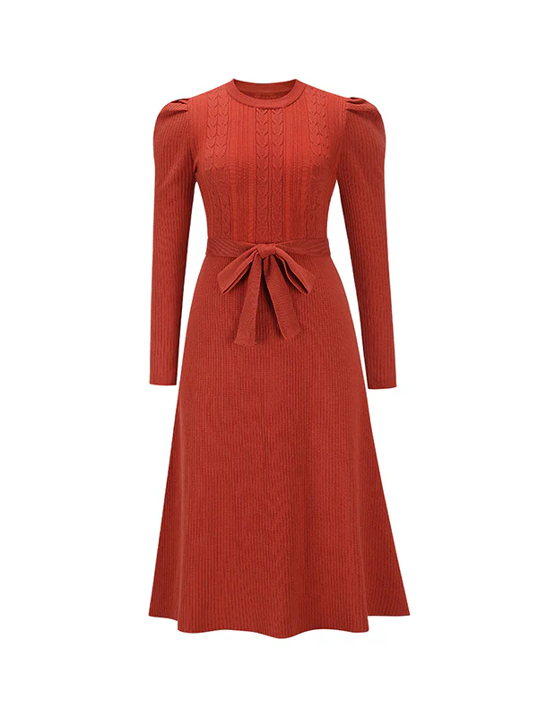 High Waisted Long Sleeves Solid Color Tied Waist Round-Neck Midi Dresses Sweater Dresses - Image 19