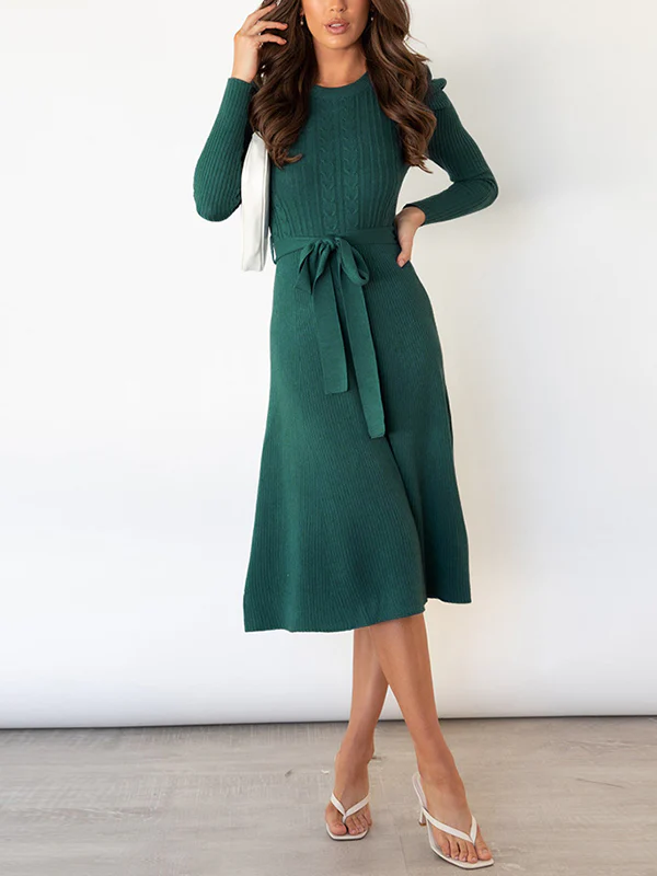 High Waisted Long Sleeves Solid Color Tied Waist Round-Neck Midi Dresses Sweater Dresses - Image 2