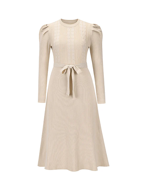 High Waisted Long Sleeves Solid Color Tied Waist Round-Neck Midi Dresses Sweater Dresses - Image 20