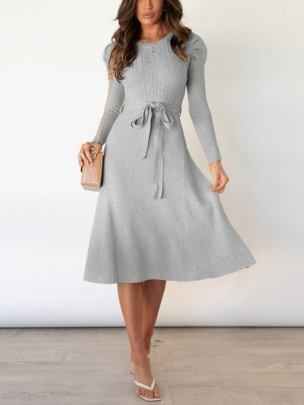 High Waisted Long Sleeves Solid Color Tied Waist Round-Neck Midi Dresses Sweater Dresses - Image 3