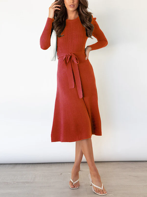High Waisted Long Sleeves Solid Color Tied Waist Round-Neck Midi Dresses Sweater Dresses - Image 4