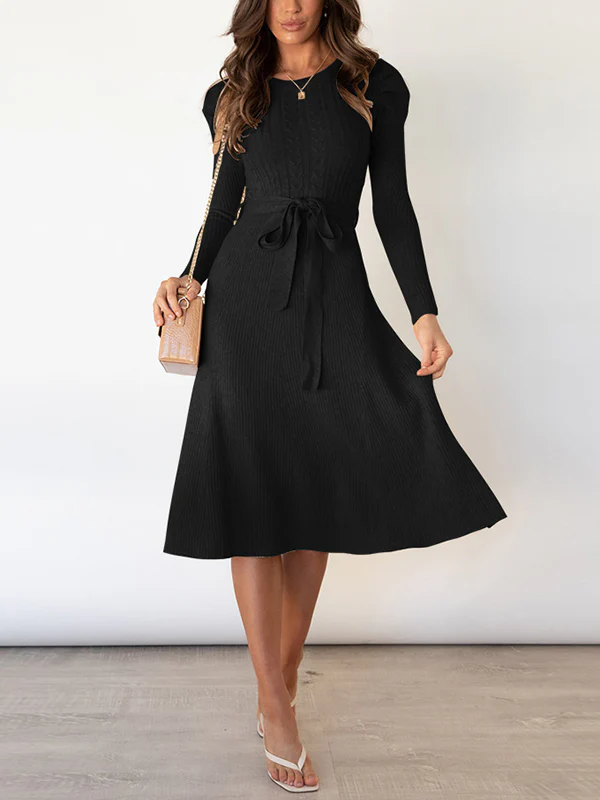 High Waisted Long Sleeves Solid Color Tied Waist Round-Neck Midi Dresses Sweater Dresses - Image 5