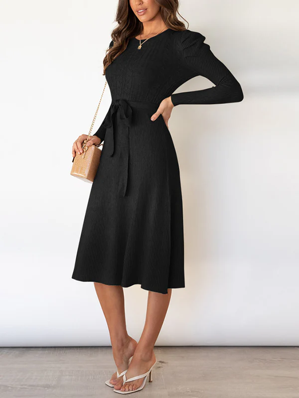 High Waisted Long Sleeves Solid Color Tied Waist Round-Neck Midi Dresses Sweater Dresses - Image 6