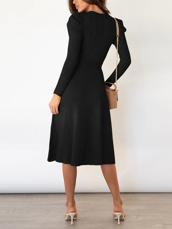 High Waisted Long Sleeves Solid Color Tied Waist Round-Neck Midi Dresses Sweater Dresses - Image 7
