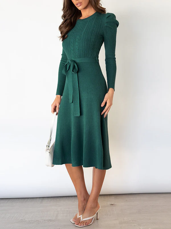 High Waisted Long Sleeves Solid Color Tied Waist Round-Neck Midi Dresses Sweater Dresses - Image 8
