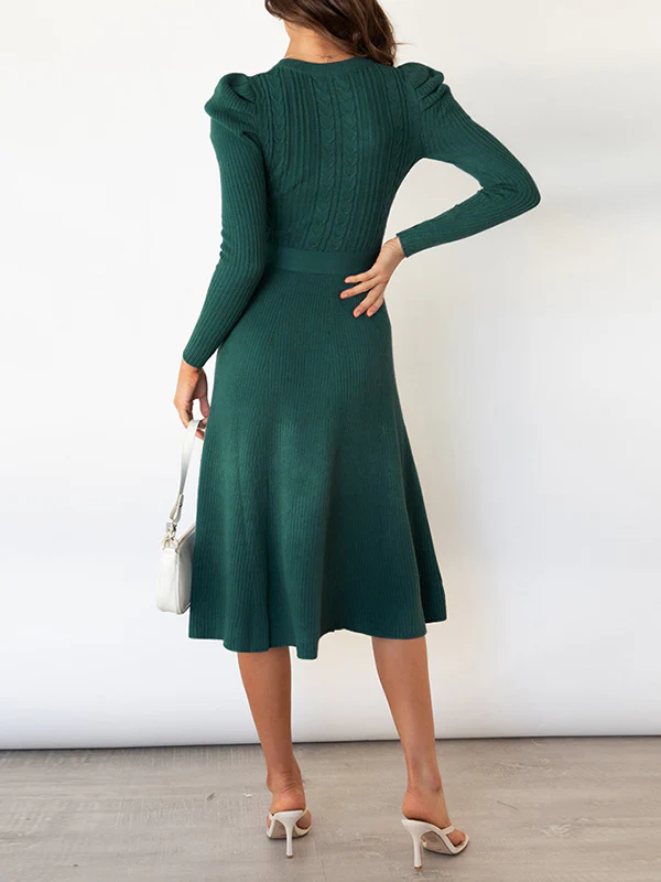 High Waisted Long Sleeves Solid Color Tied Waist Round-Neck Midi Dresses Sweater Dresses - Image 9