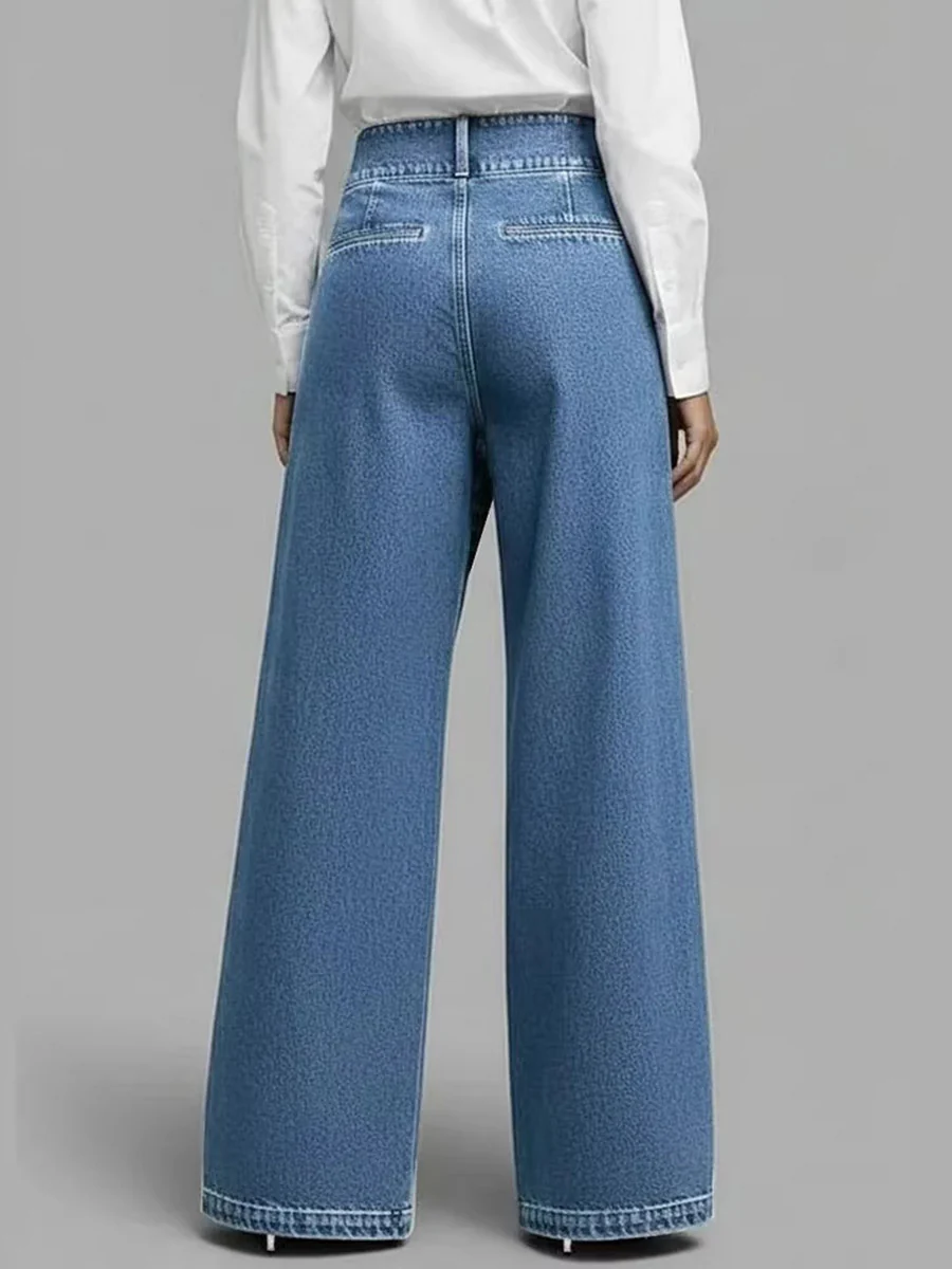 High Waisted Loose Asymmetric Buttoned Interlace Pockets Solid Color Split-Joint Jean Pants Bottoms Trousers - Image 2