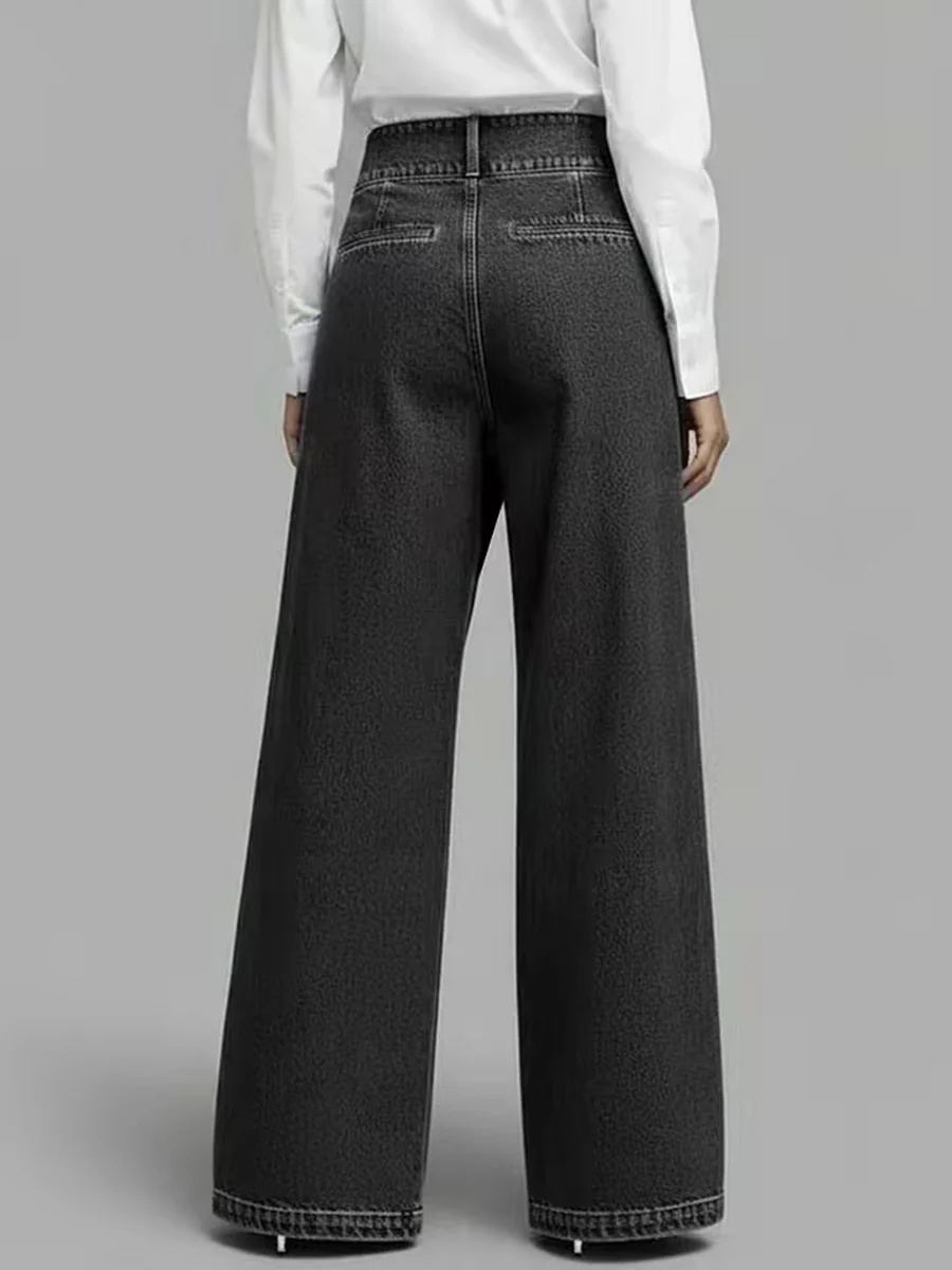 High Waisted Loose Asymmetric Buttoned Interlace Pockets Solid Color Split-Joint Jean Pants Bottoms Trousers - Image 4