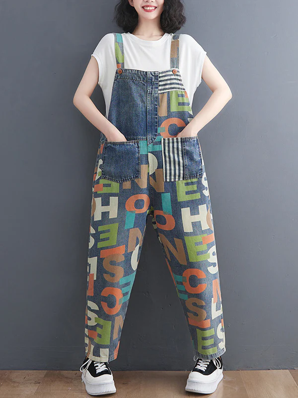 High Waisted Loose Asymmetric Buttoned Letter Print Pockets Split-Joint Striped Overalls - Image 2