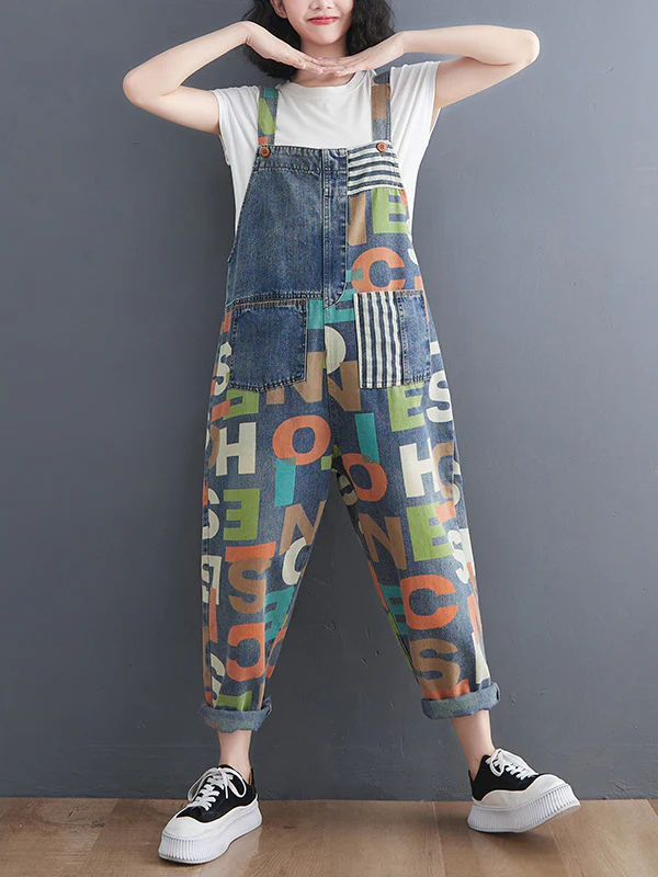High Waisted Loose Asymmetric Buttoned Letter Print Pockets Split-Joint Striped Overalls - Image 3