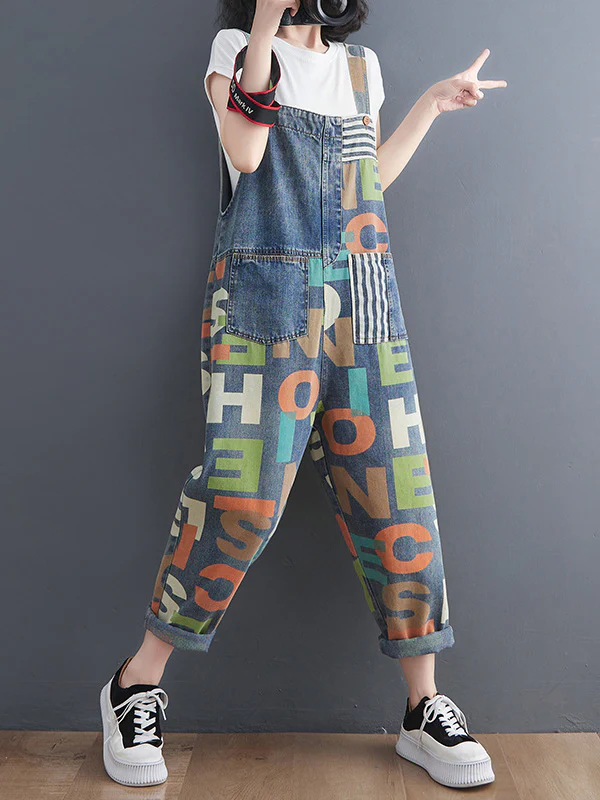 High Waisted Loose Asymmetric Buttoned Letter Print Pockets Split-Joint Striped Overalls - Image 4
