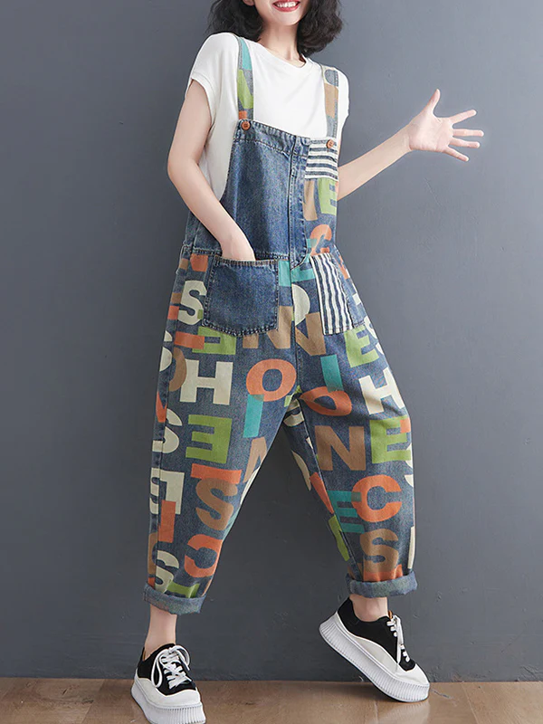 High Waisted Loose Asymmetric Buttoned Letter Print Pockets Split-Joint Striped Overalls - Image 5