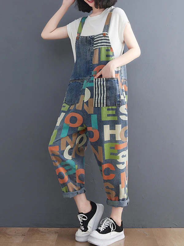 High Waisted Loose Asymmetric Buttoned Letter Print Pockets Split-Joint Striped Overalls - Image 6