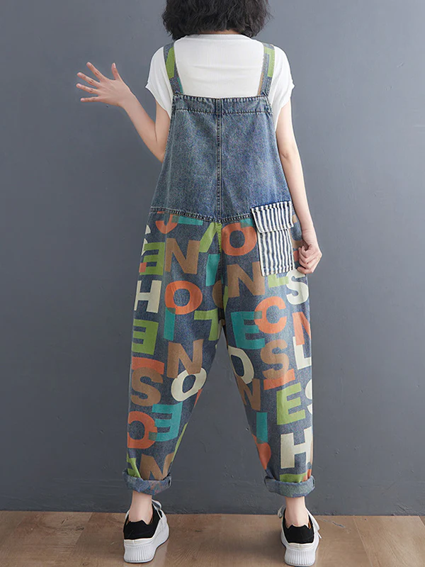 High Waisted Loose Asymmetric Buttoned Letter Print Pockets Split-Joint Striped Overalls - Image 7