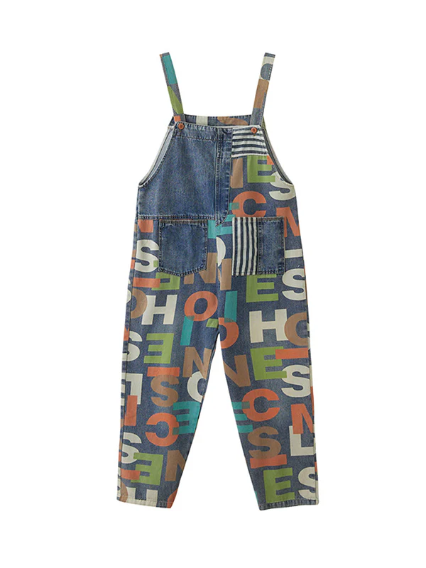 High Waisted Loose Asymmetric Buttoned Letter Print Pockets Split-Joint Striped Overalls - Image 8