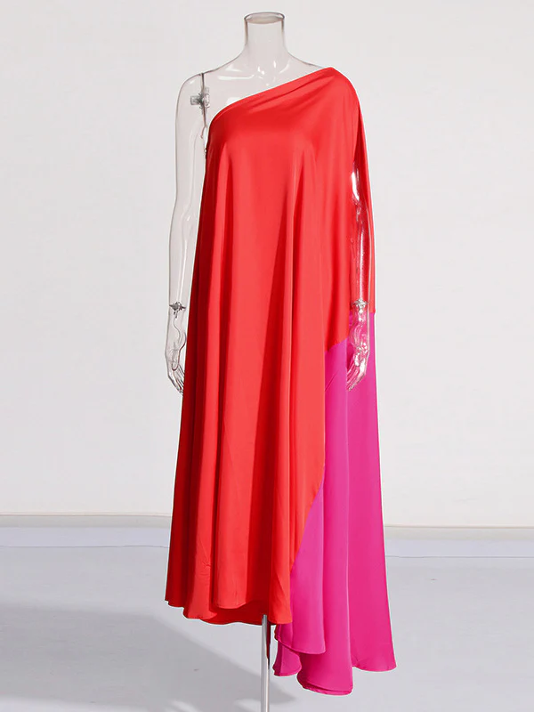 High Waisted Loose Asymmetric Contrast Color Split-Joint One-shoulder Maxi Dresses - Image 2