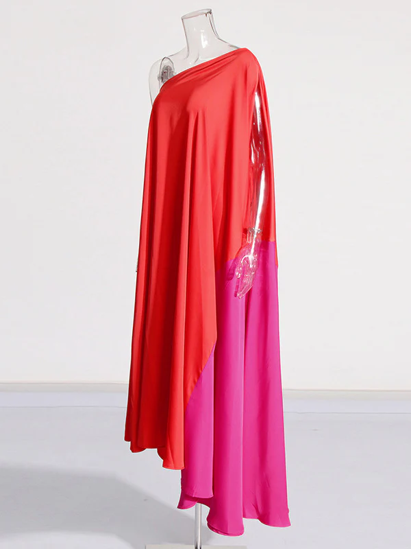 High Waisted Loose Asymmetric Contrast Color Split-Joint One-shoulder Maxi Dresses - Image 3