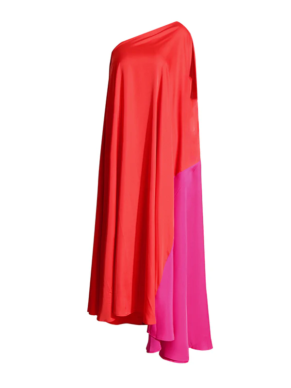 High Waisted Loose Asymmetric Contrast Color Split-Joint One-shoulder Maxi Dresses - Image 4