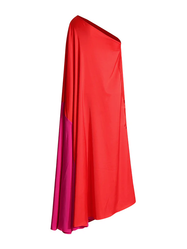 High Waisted Loose Asymmetric Contrast Color Split-Joint One-shoulder Maxi Dresses - Image 5