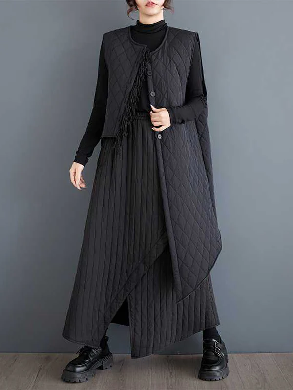 High Waisted Loose Asymmetric Elasticity Pockets Quilted Solid Color Skirts Bottoms - Image 2