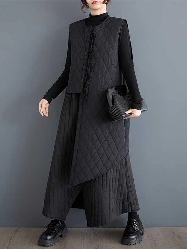 High Waisted Loose Asymmetric Elasticity Pockets Quilted Solid Color Skirts Bottoms - Image 3